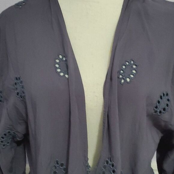 Blue Gray Boho Romantic Eyelet Fitted Waist Longline Duster Cardigan - Picture 2 of 11
